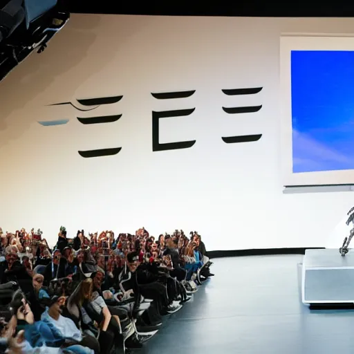 Image similar to Elon Musk presenting a giant mecha robot to an audience, Tesla Presentation, Professional photography, 8K