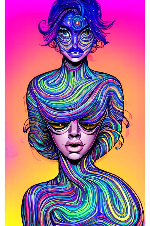 Image similar to a award winning portrait of a beautiful woman with stunning eyes in a one off shoulder croptop and cargo pants with rainbow colored hair, outlined by whirling illuminated neon lines and fine lines swirling in circles by joe fenton, digital art, trending on artstation