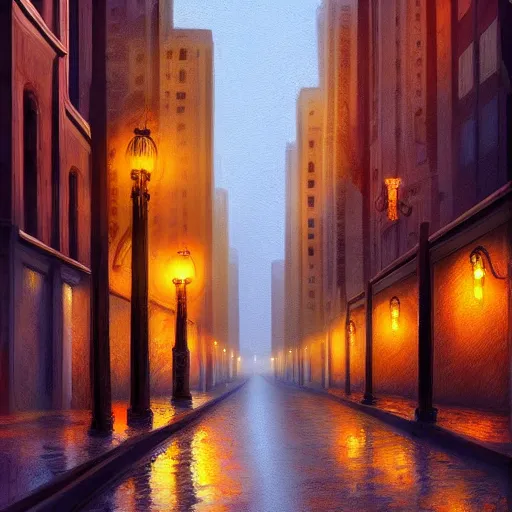 Prompt: Atmospheric painting of a street in chicago where all the buildings are made of crystal, digital art, highly detailed, extreme quality, dramatic lighting, trending on artstation, by a famous artist, moody, ethereal