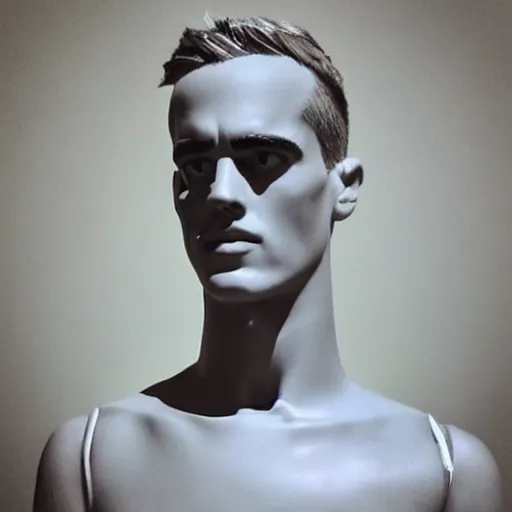 Image similar to “ a realistic detailed photo of a guy who is an attractive humanoid who is half robot and half humanoid, who is a male android, soccer player antoine griezmann, shiny skin, posing like a statue, blank stare, at the museum, on display ”