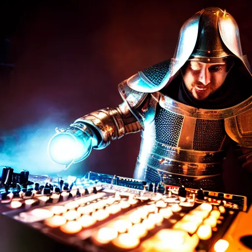 Prompt: photograph of a dubstep dj in holy templar knight armor djing during a medieval party, 8 k resolution, high detail
