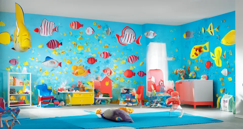 Prompt: IKEA catalogue photo of an underwater childrens bedroom, coral reef, fish, sharks, clown fish, angel fish, dappled light, sun rays