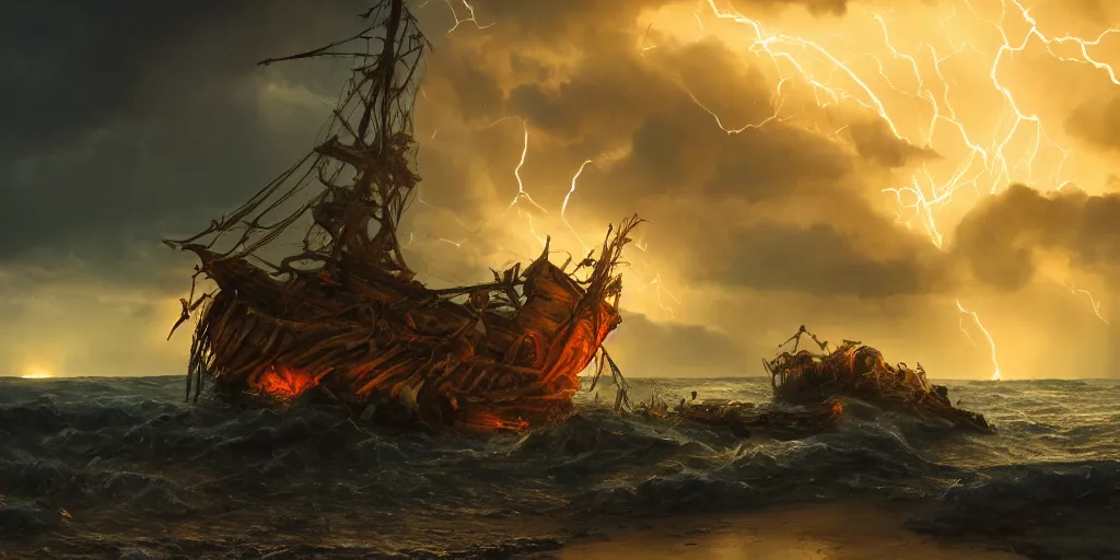 Image similar to epic medieval woman ship pilot face down shipwrecked on a beach, beach leads into dark forest and hills, dramatic dark glowing golden neon sunset with thick wall of lightning storm clouds, dynamic lighting, hyperrealistic, hd 4 k, artstation