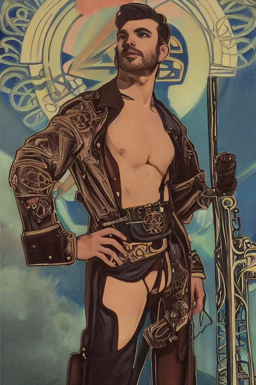 Prompt: a dramatic ethereal epic symmetrical painting of a handsome villainous cowboy standing in front of railroad tracks with a train locomotive | he is shirtless and wearing a jacket and he has a pocketwatch | tarot card, art deco, art nouveau, (steampunk), homoerotic, realistic | by Mark Maggiori and ((Alphonse Mucha)) | trending on artstation