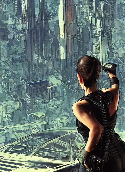 Image similar to Selina. USN special forces operator looking at city skyline. Agent wearing Futuristic stealth suit. rb6s Concept art by James Gurney, Alphonso Mucha.