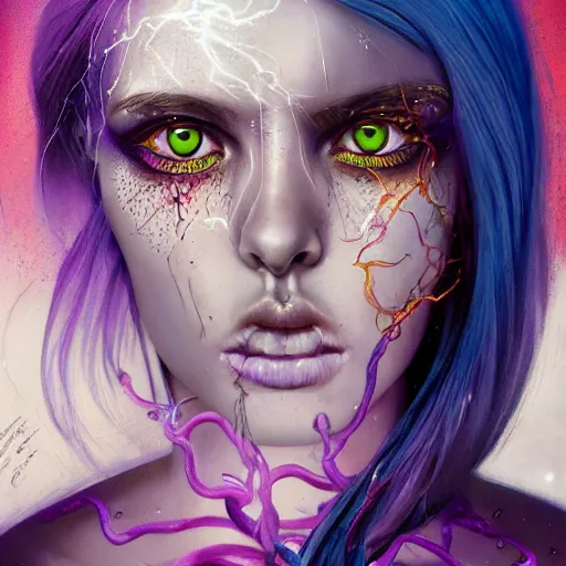 Image similar to detailed photo portrait of a furious teen girl with thin, hair-like purple tentacles on her head and bright purple eyes, 8k,by tristan eaton, Stanley Artgermm,Tom Bagshaw,Greg Rutkowski,Carne Griffiths,trending on DeviantArt, face enhance,hyper detailed ,full of colour, dramatic lightning