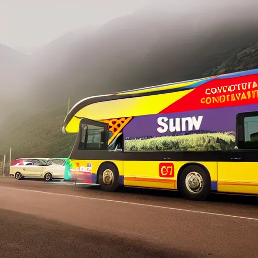 Prompt: very creative livery on big commercial bus on misty highway scene, the sun shining through the moutains