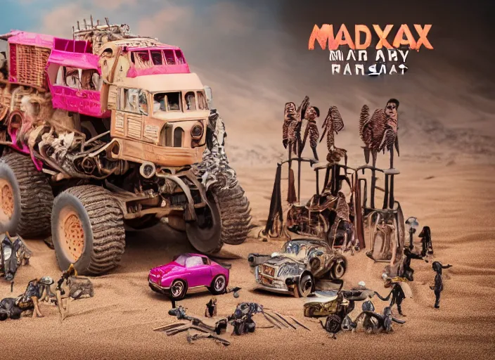 Image similar to mad max fury road barbie play set, children's toy advertisement, studio photography, close - up