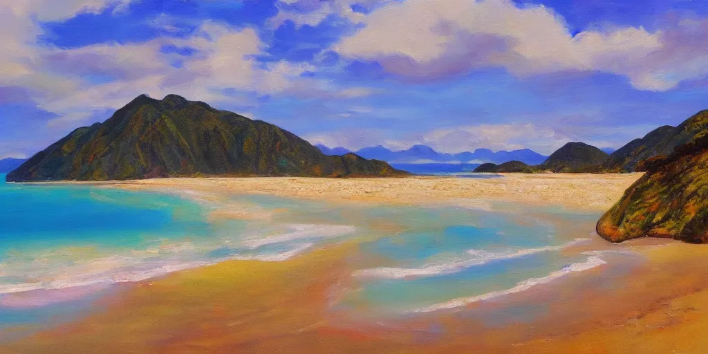 Image similar to golden bay new zealand, abel tasman, colorful oil painting, trending on artstation