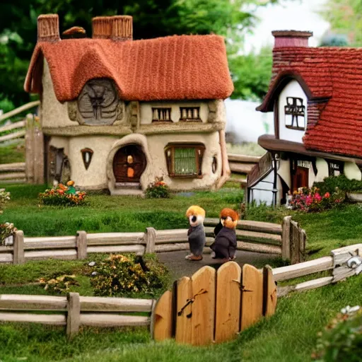 Prompt: lord of the rings calico critters in front of bilbo baggins house