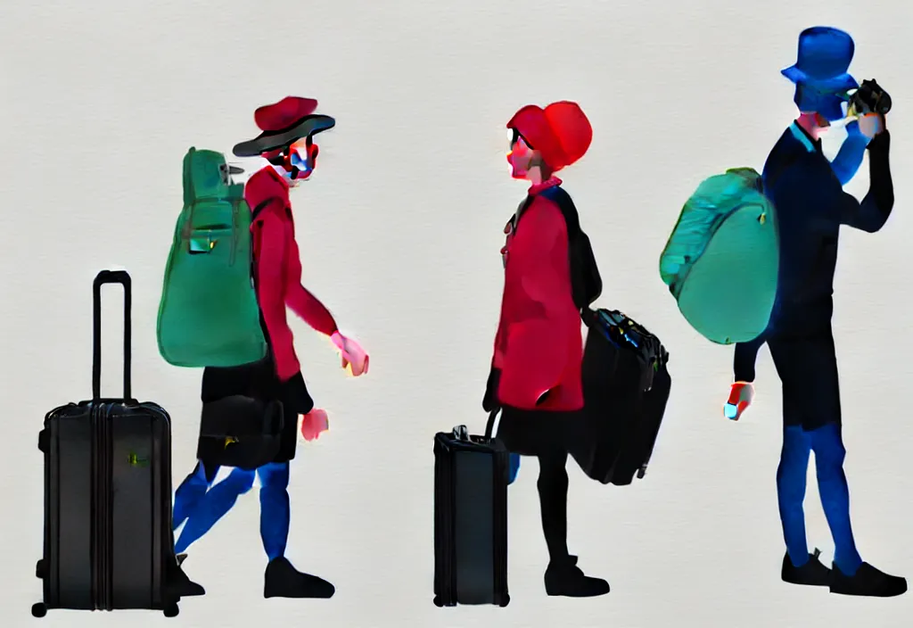 Image similar to full body portrait of a duo of european tourists autumn travel apparel, various poses walking and carrying luggage, character designs painting, in the style of wes anderson, rene magritte, lola dupre, david hockney, isolated on white background, dark monochrome neon spraypaint accents volumetric octane render