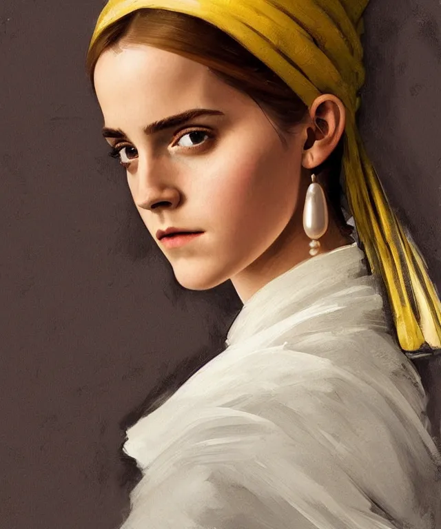 Image similar to Emma Watson as the girl with the pearl earring, highly detailed, digital painting, artstation, concept art, smooth, sharp focus, illustration, ArtStation, art by artgerm and greg rutkowski and alphonse mucha and J. C. Leyendecker and Edmund Blair Leighton and Katsuhiro Otomo and Geof Darrow and Phil hale and Ashley wood and Ilya repin and Charlie Bowater