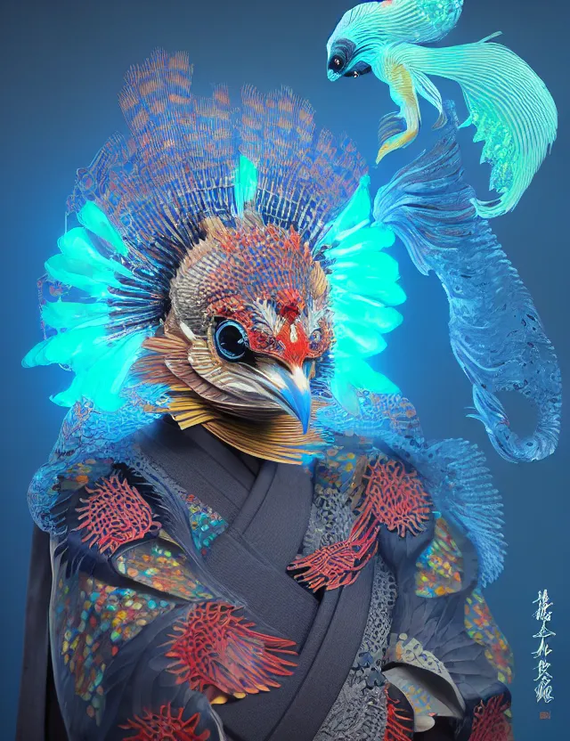 Prompt: 3 d shaman portrait. beautiful intricately detailed japanese crow kitsune mask and clasical japanese kimono. betta fish, jellyfish phoenix, bio luminescent, plasma, ice, water, wind, creature, artwork by tooth wu and wlop and beeple and greg rutkowski