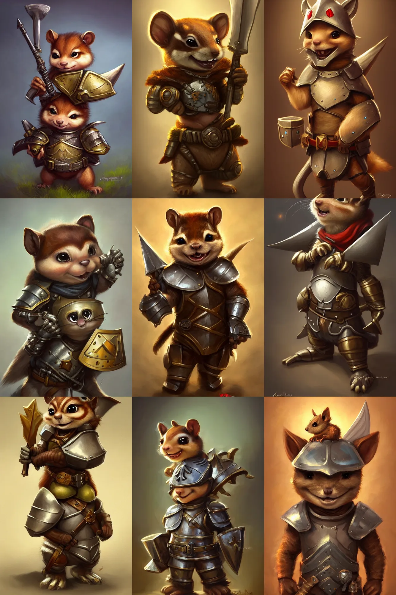 Prompt: cute little anthropomorphic chipmunk knight wearing metal body armor, short, baby animal, smiling, DnD character art portrait, ultra realistic, ultra detailed, cinematic lighting, DeviantArt Artstation, by Jason Felix by Steve Argyle by Tyler Jacobson by Peter Mohrbacher