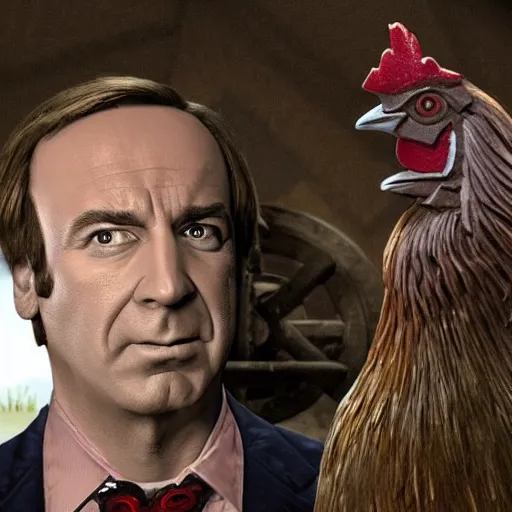 Image similar to saul goodman and a rooster in a medieval torture chamber, scary torture devices in the background, horror movie, saul goodman, rooster, real life photo, detailed face