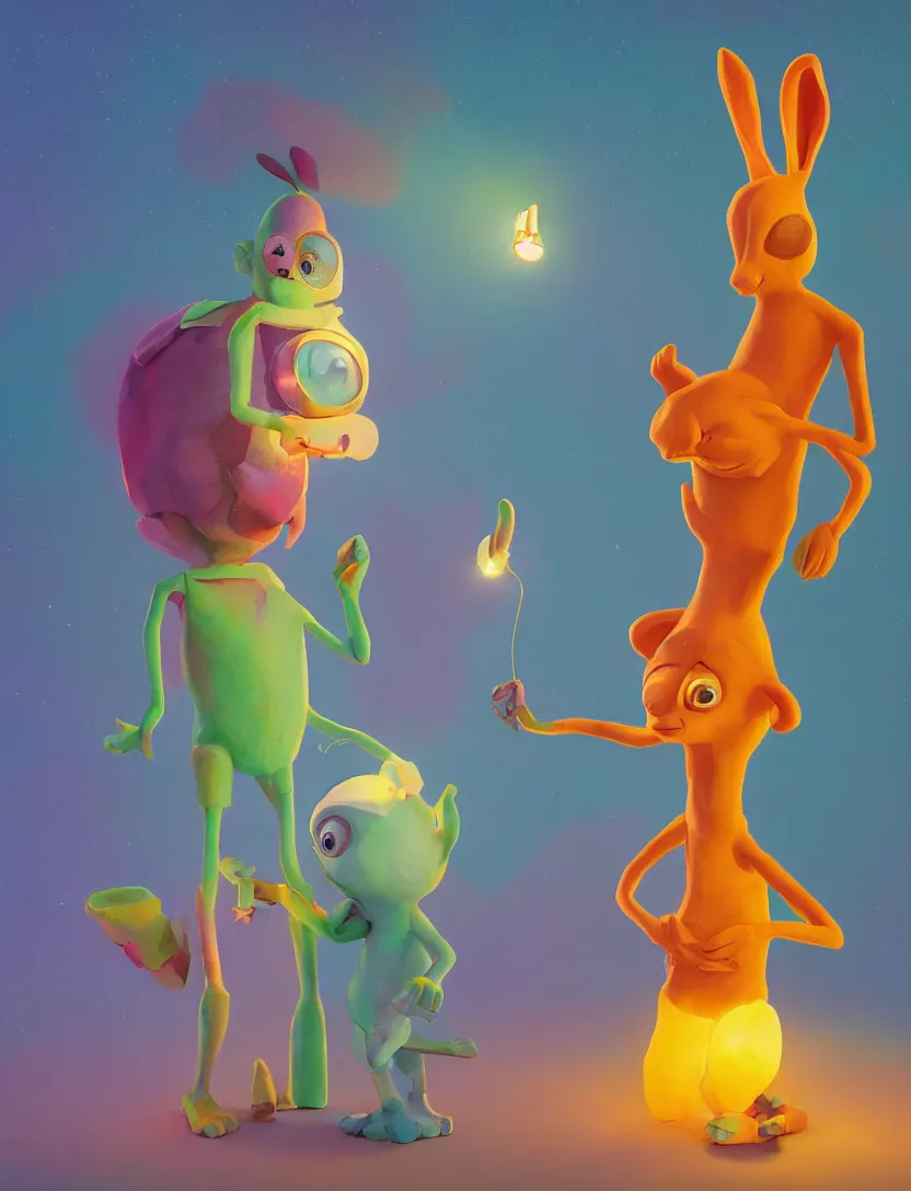 Prompt: bright dramatic lighting fun colorful children's book illustration titled'i went to the store ', magical realism folk art very cute, model of an anthromorphic rabbit child, made of polymer clay by pixar and beeple and ralph mcquarrie, shocking detail octane render trending on artstation 8 k 0 0 2