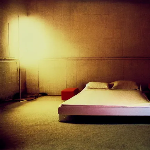 Prompt: a bed, alone in a disco, 1980's style, dramatic lighting