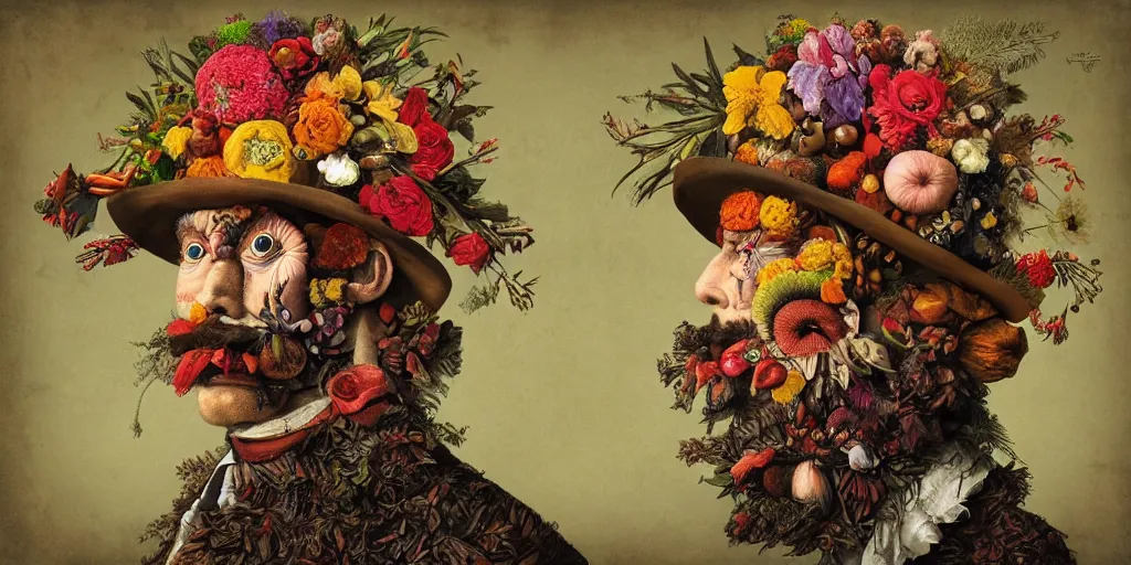 Image similar to an album cover of a man with a strange hat on his head by Arcimboldo, behance contest winner, award winning, masterpiece, pop surrealism, made of flowers, surrealist-H 1024
