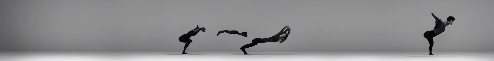 Prompt: long horizontal line-up of many sisyphus pushing a huge boulder through an empty space, white background, dance performance photography