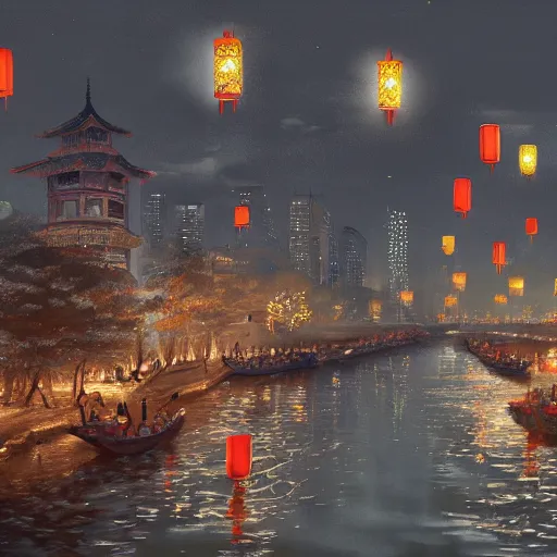 Image similar to concept art, river lanterns on the eve of ullambana festival, high resolution, by yi jeong, yi jing, artstation