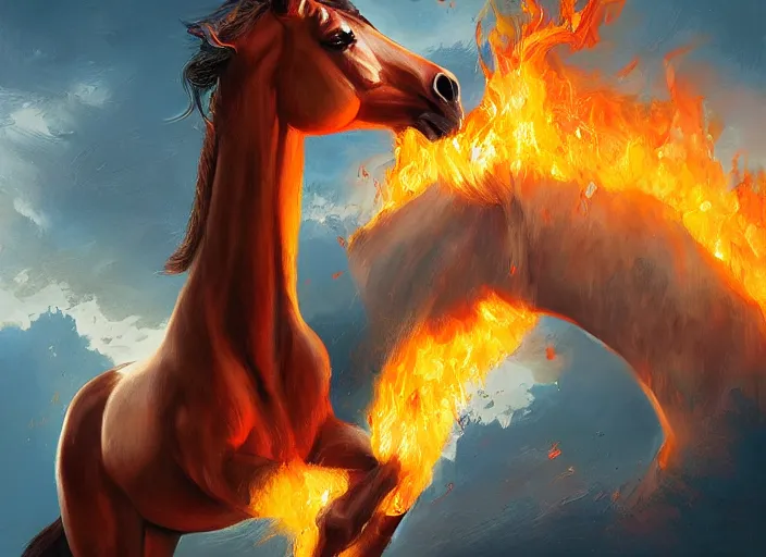 Prompt: portrait of an arabian horse surrounded by fire, by artgerm, by greg rutkowski, by noah bradley