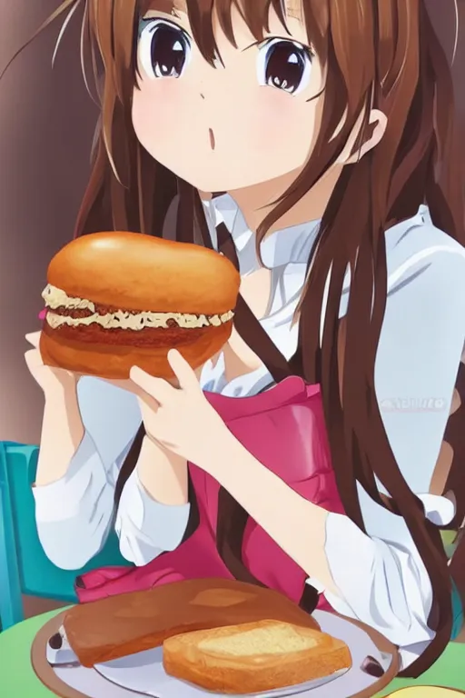 Prompt: a cute anime girl eating bread