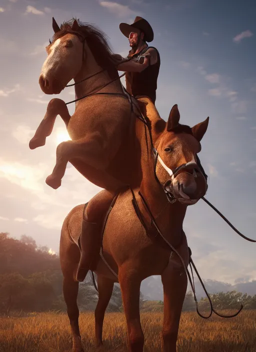 Prompt: man riding horse on shoulders, volumetric lighting, beautiful, golden hour, sharp focus, ultra detailed, cgsociety by leesha hannigan, ross tran, thierry doizon, kai carpenter, ignacio fernandez rios, noir photorealism, film