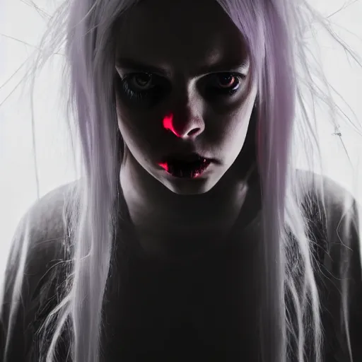 Image similar to Adult Billie Eilish as a demon in heaven, blood flowing from eyes, grungy, unkept hair, glowing eyes, modelsociety, radiant skin, huge anime eyes, RTX on, bright on black, dramatic, studio lighting, perfect face, intricate, Sony a7R IV, symmetric balance, polarizing filter, Photolab, Lightroom, 4K, Dolby Vision, Photography Award