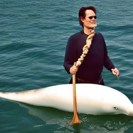 Image similar to jim carrey riding a narwhal, realistic