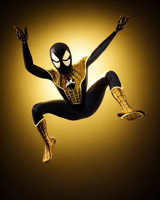 Prompt: photograph of a black and gold suit spider - man, dslr, cinematic, volumetric lighting, 8 k resolution, photorealistic, octane render, 3 d render