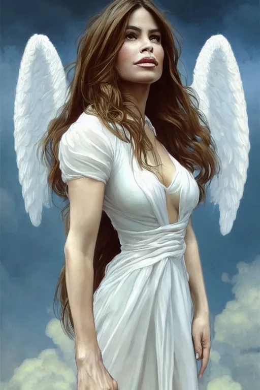 Prompt: symmetrical!! looking at the camera!!! a portrait of an angel sofia vergara wearing a white silky dress, upper body, concept art, deep focus, sky, heaven, clouds, intricate, highly detailed, digital painting, artstation, matte, sharp focus, illustration, art by greg rutkowski and alphonse mucha