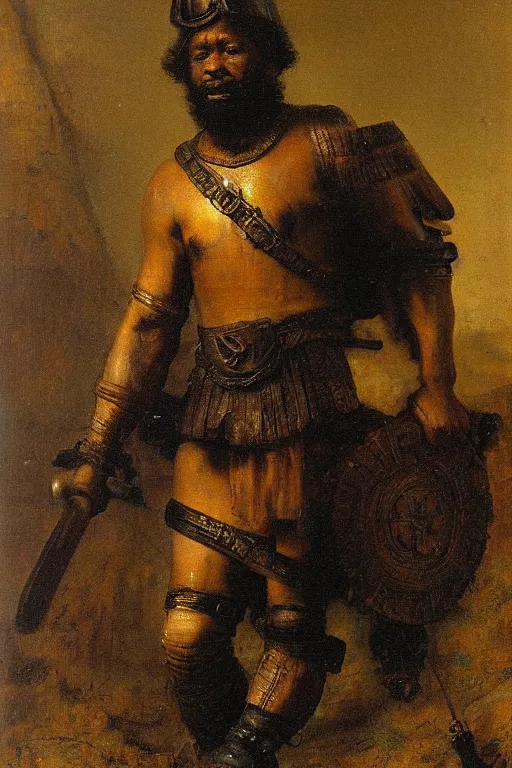 Prompt: spartan, black skin. Oily muscles. thick black beard. Big smile. Bronze breastplate. oil painting. By Rembrandt.