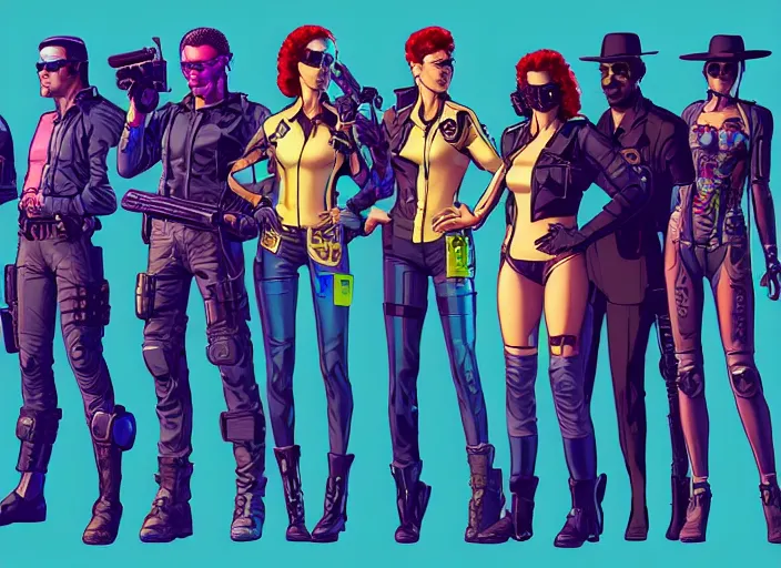 Image similar to cyberpunk police detectives. portrait by stonehouse and mœbius and will eisner and gil elvgren and pixar. character design. realistic proportions. cyberpunk 2 0 7 7 character art, blade runner 2 0 4 9 concept art. cel shading. attractive face. thick lines. the team. diverse characters. shadowrun.