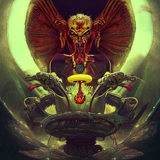 Image similar to 8K centered headshot Portrait of a psychedelic godlike mothman posing with a cigar with giant mandala wings smoking a hand-rolled cigarette smoking heavily , magic mushroom village in background , post-processing , award winning. superb resolution. in the art style of Satoshi Kon and Greg Rutkowski , Detailed Mushroom city in background , Hyper realistic anime , Perfect art , Dalle2