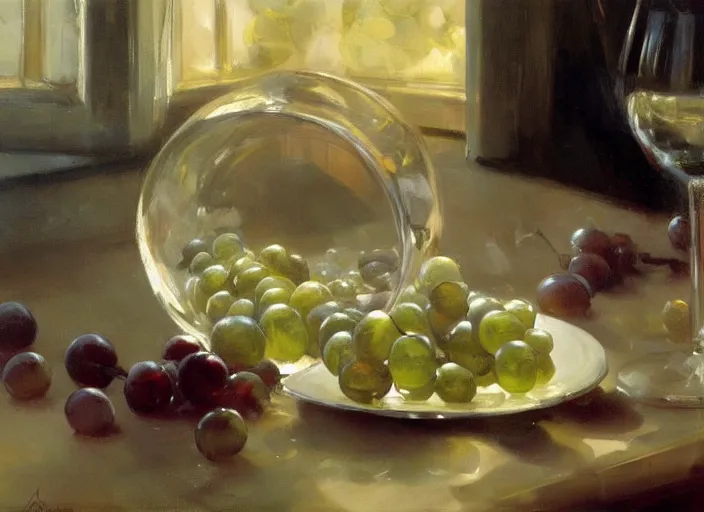 Prompt: oil painting of glass of wine, translucent grapes closeup, glass refraction, art by anders zorn, wonderful masterpiece by greg rutkowski, beautiful cinematic light, american romanticism by greg manchess