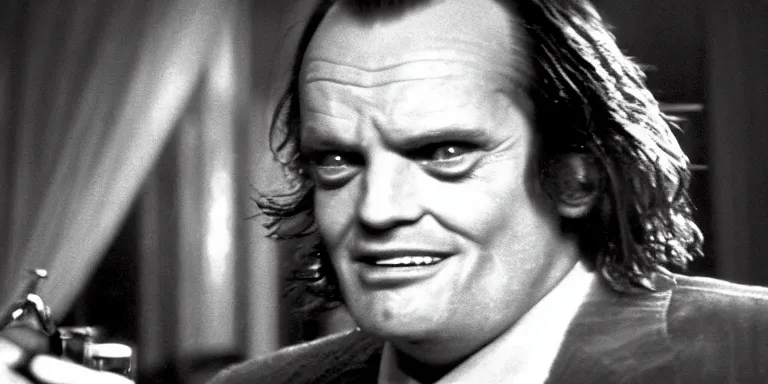 Image similar to photorealistic wide profile master shot cinematography of the character jack torrance played by jack nicholson from stanley kubrick's 1 9 8 0 film the shining sitting at the overlook hotel's gold ballroom bar starring right at the camera shot on 3 5 mm eastman 5 2 4 7 film by the shining cinematographer john alcott on a 1 8 mm cooke panchro lens.