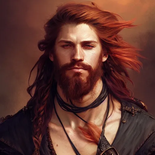 Image similar to portrait of a young rugged pirate, male, masculine, upper body, red hair, long hair, soft hair, D&D, fantasy, intricate, elegant, highly detailed, digital painting, artstation, concept art, matte, sharp focus, illustration, art by Artgerm and Greg Rutkowski and Alphonse Mucha