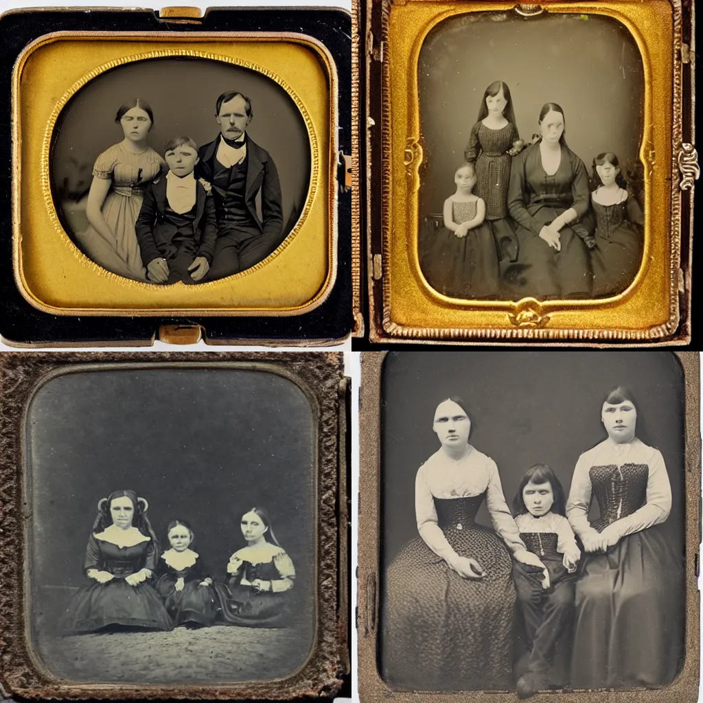 Prompt: 1850s daguerreotype of a family of aliens