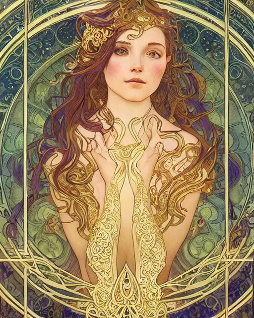 Image similar to a god, highly detailed, very intricate, art nouveau, gold filigree, romantic storybook fantasy, soft cinematic lighting, award - winning, disney concept art watercolor illustration by mandy jurgens and alphonse mucha and alena aenami, pastel color palette, featured on artstation