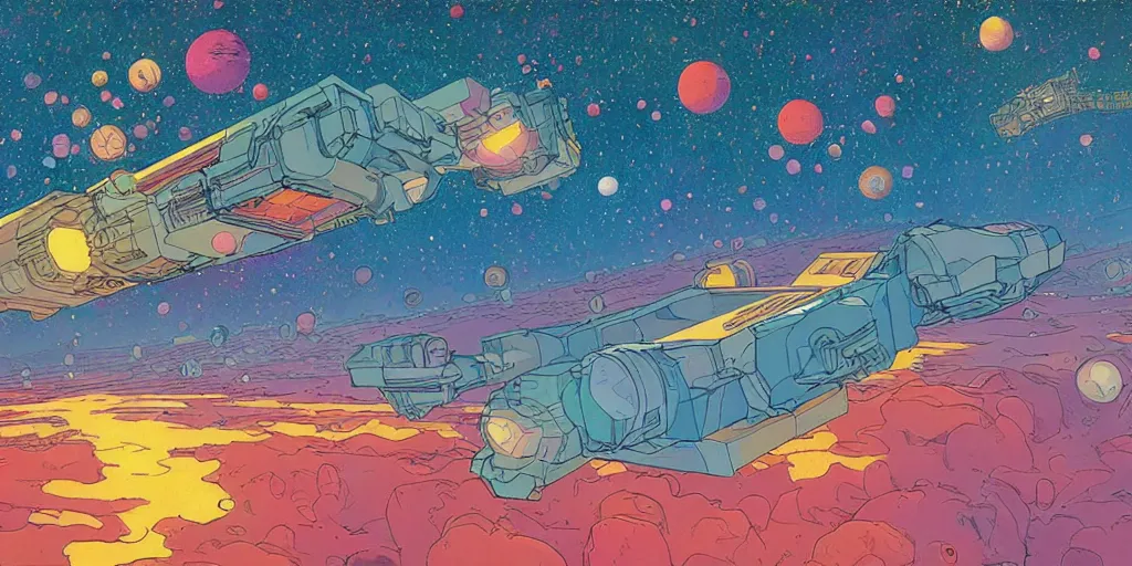 Prompt: colourful illustration of a floating space settlement. thousands of stars in the background. art by moebius. science fiction art. detailed digital painting.