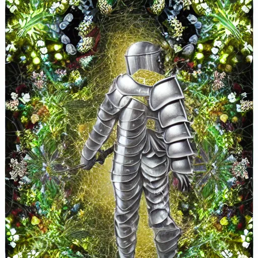 Prompt: a male knight, stern face, clear eyes, shining armour made of steel and flowers, and fractal flowery hair in a fractal garden, glowing delicate flower, berries and ferns that grow in a dark fantasy forest, full frame,