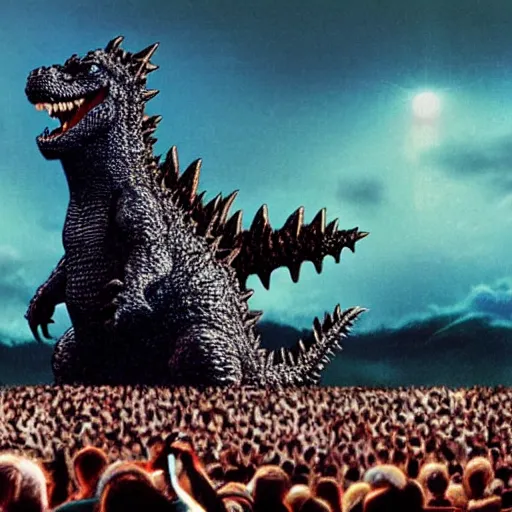 Image similar to Godzilla in the background of a Beatles concert, HD, high resolution, hyper realistic, 4k, intricate detail