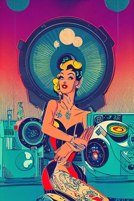 Prompt: a 5 0 s art deco tattooed pinup girl at the interior of an international space station fuill of electronic equipment, poster art by milton glaser, kilian eng, moebius, behance contest winner, psychedelic art, concert poster, poster art, maximalist