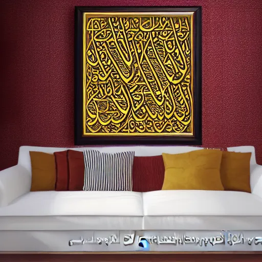 Prompt: arabic art calligraphy, arabic calligraphy art designs, wall art arabic calligraphy art designs , canva, wall painting, intricate artwork masterpiece, very coherent artwork, cinematic, islamic art, very coherent artwork, ultra high quality model, production quality cinema model, octane render, high detail, one frame