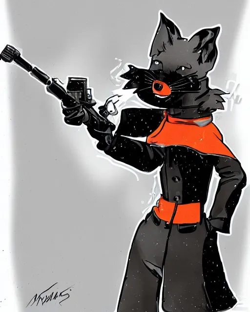 Image similar to a fox wearing a black trench - coat holding a mini - gun, comic art style, digital art,