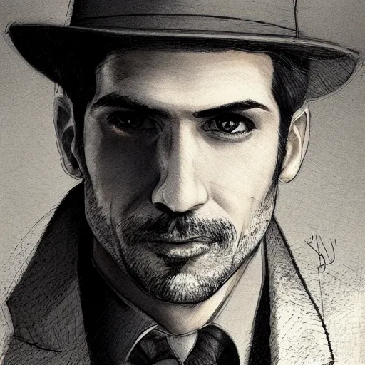 Prompt: portrait of a detective, zoomed in, noir, fedora, tweed coat, confident, handsome, heavy shading, vintage, high quality, by artgerm, artstation, ( ( ( by ilya repin ) ) )