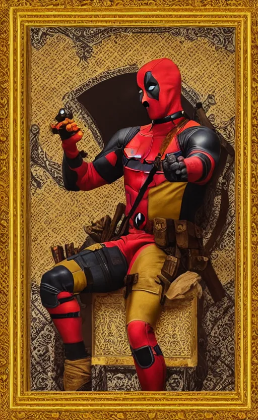 Prompt: deadpool portrait photography masterpiece, perfectly poised, foreshortening, brown hair fringe, yellow ochre ornate medieval dress, frederic leighton, background by william morris and kilian eng, framed, 4 k