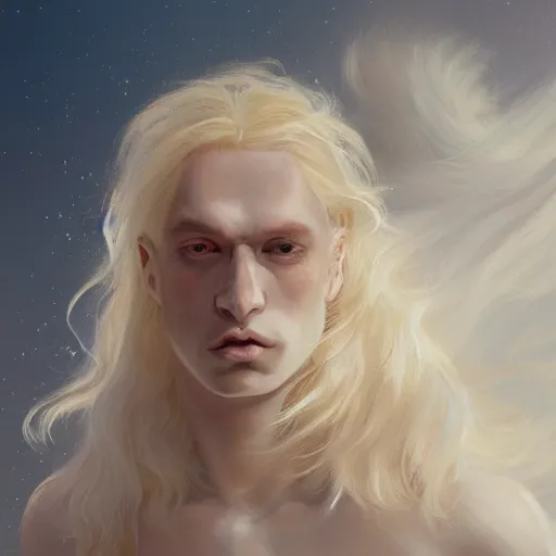 Image similar to prompt portrait of a beautiful androgynous blond man, albino pale white skin and long fluffy curly blond hair, Center parted curtain bangs, close up view, head and upper body, looking upward, fullface, light from above, by Peter Mohrbacher, trending on artstation, 8k