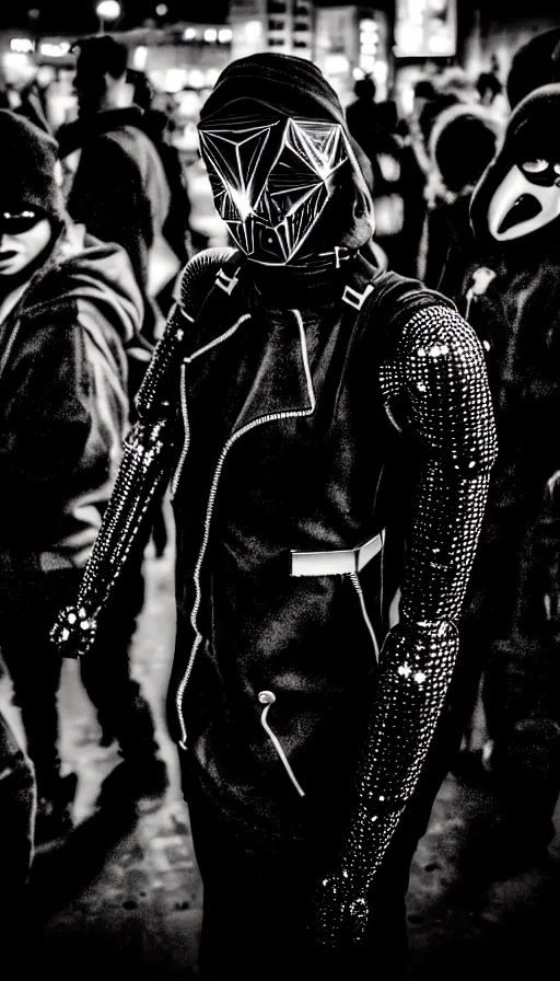 Prompt: photograph from outside of a provocative techwear packed busy rundown nightclub, lots of people, males and females breakdancing, variety of sharp sparkly creepy masks, harnesses and garters, some people holding drinks or have robot limbs or have cybernetic mods, tattoos and piercings, retrofuturism, brutalism, cyberpunk, sigma 85mm f/1.4, 15mm, 35mm, tilted frame, long exposure, 4k, high resolution, 4k, 8k, hd, wide angle lens, highly detailed, full color, harsh light and shadow, intoxicatingly blurry