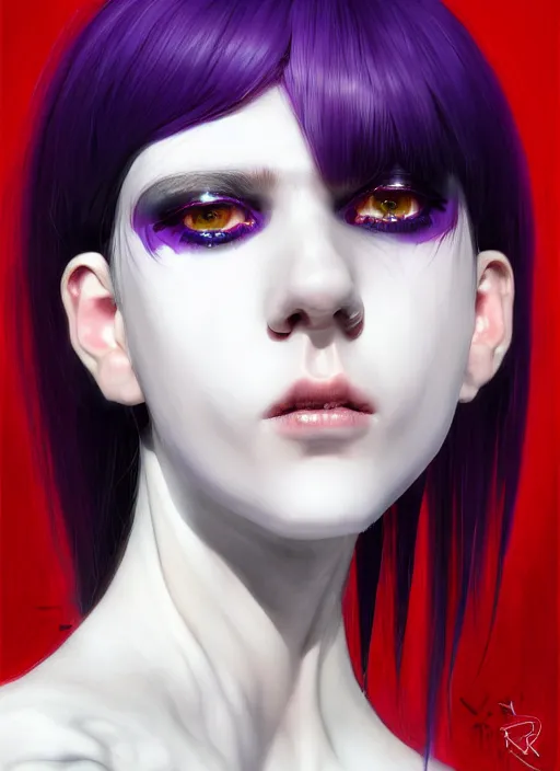 Image similar to whitebangs, black hair, black cyberlox, portrait of white teenage girl, normal face, white bangs, fluffy bangs, cyberlox, whitebangs, red contact lenses, purple background, intricate, elegant, highly detailed, digital painting, artstation, concept art, sharp focus, smooth, illustration, art by wlop, mars ravelo and greg rutkowski